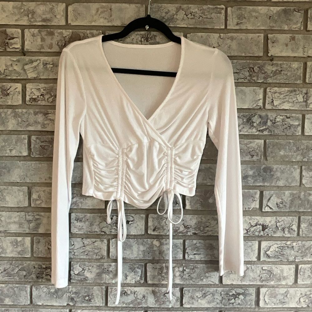 White Long Sleeve Crossover Top with Tie Front